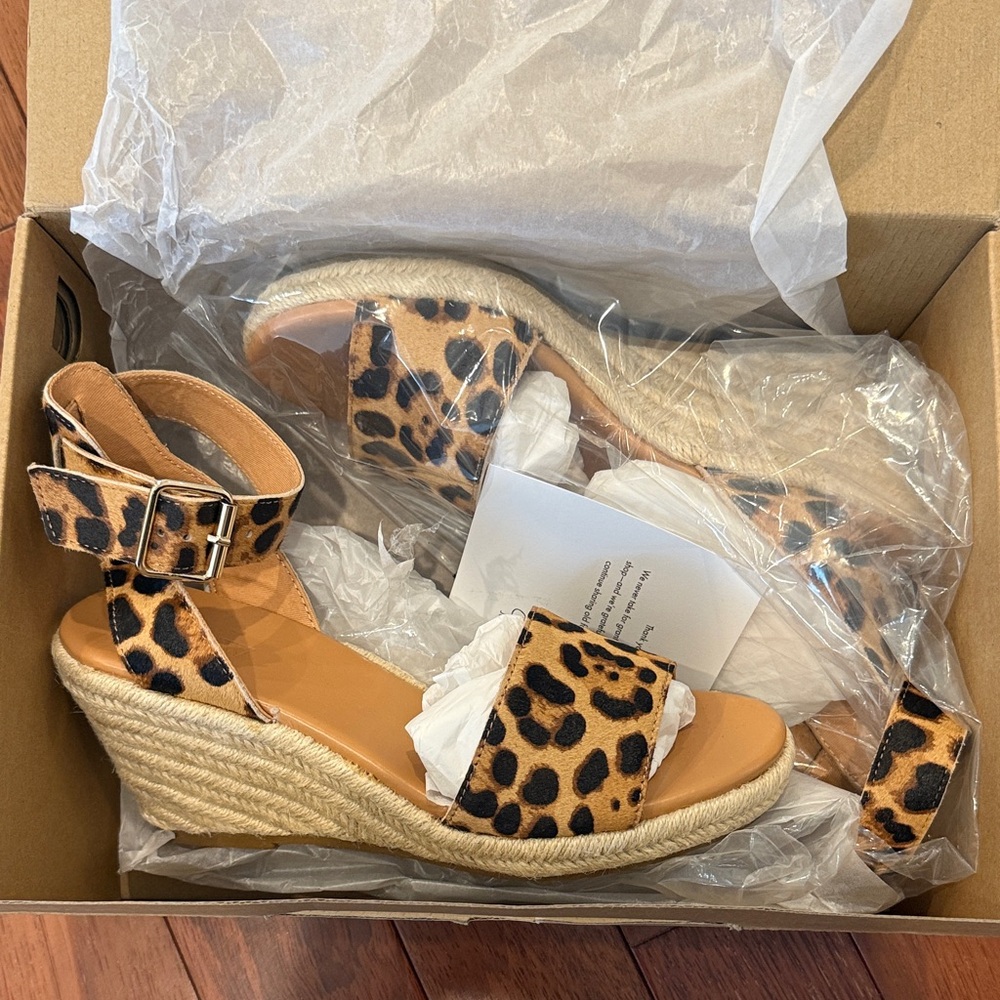 J. Crew Leopard Espadrille Ankle-Strap Wedges in Tan & Black